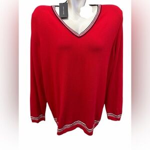 Tommy Hilfiger Red V-Neck Sweater with Contrast Trim